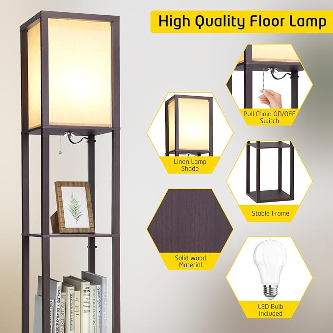 Floor Lamp with Shelves, Shelf Floor Lamp for Bedroom, Modern Standing Shelf Floor Lamp for Living Room Office with 3 CCT LED Bulb - Walnut. - LeafyLoom