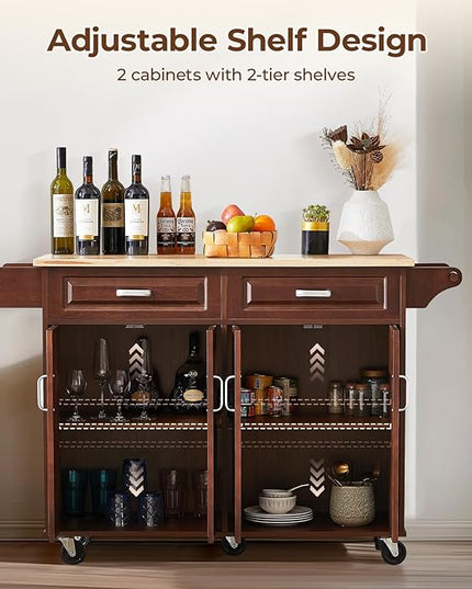 54“ Large Kitchen Island with Storage, Kitchen Cart on Wheels with 2 Large Drawers, Adjustable Shelf Inside Cabinet, Spice Rack & Towel Rack, Simple Design Rolling Island Table for Kitchen - LeafyLoom
