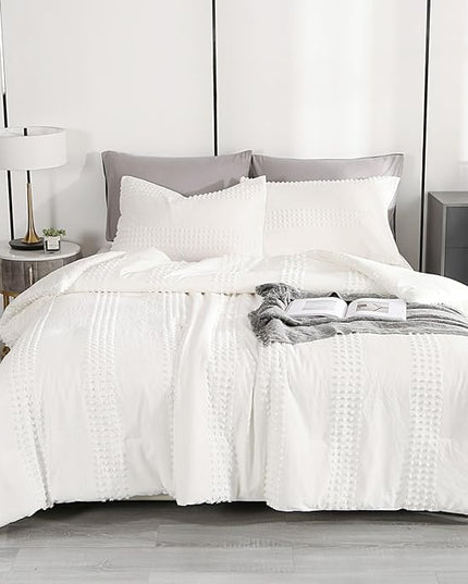 ENJOHOS Girls Queen Comforter Bedding Set White, 3 PCS Boho Comforter with Tufted Dots, Shabby Chic Bedding Comforter for All Season, Lightweight Fluffy Microfiber Comforter with 2 Pillowcases - LeafyLoom