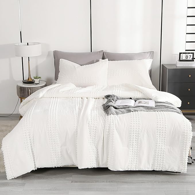 ENJOHOS Girls Queen Comforter Bedding Set White, 3 PCS Boho Comforter with Tufted Dots, Shabby Chic Bedding Comforter for All Season, Lightweight Fluffy Microfiber Comforter with 2 Pillowcases - LeafyLoom
