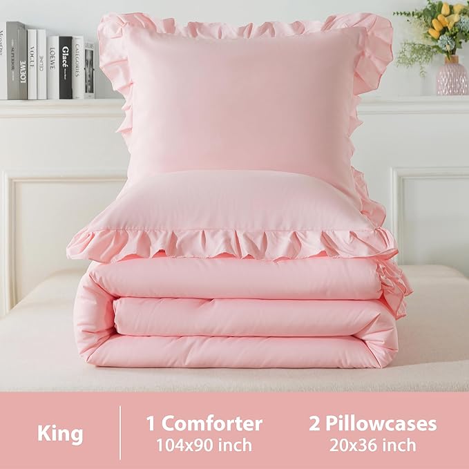 Andency Pink Ruffle Comforter King, 3 Pieces Solid Farmhouse Shabby Chic Comforter, Vintage Rustic Lightweight Soft Microfiber Bedding Set All Season (104x90Inch Comforter) - LeafyLoom