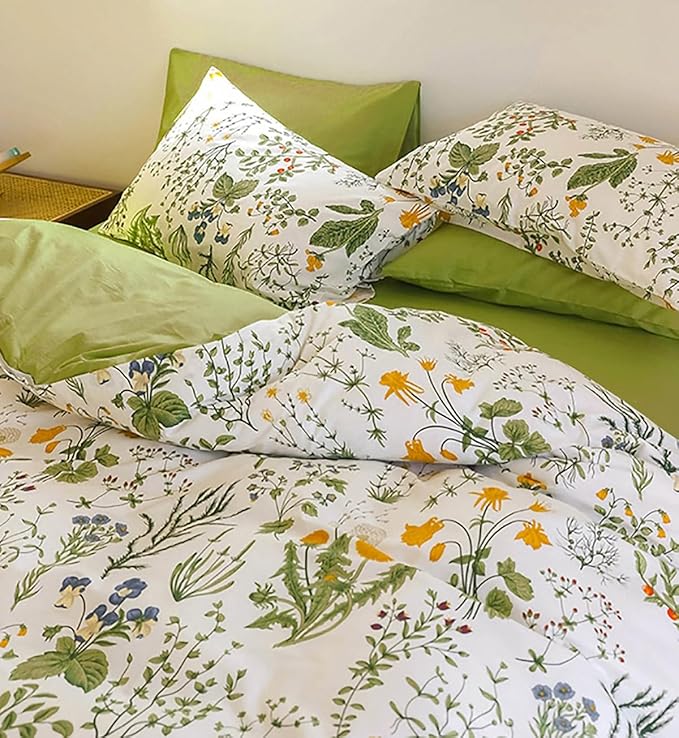 Botanical Comforter Set Twin Cotton White and Green Floral Plant Bedding Set Garden Pattern Printed on White Reversible Blanket 3 PCs 1 White Comforter 2 Pillowcases - LeafyLoom