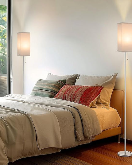 Floor Lamps for Living Room Bedroom - 3 Color Temperature Silver Floor Lamp Set of 2, Modern Standing Lamps with Pull Chain Switch White Shade, Tall Lamp for Corner Office(2 Pack) - LeafyLoom