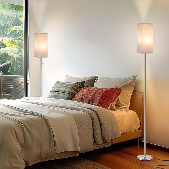 Floor Lamps for Living Room Bedroom - 3 Color Temperature Silver Floor Lamp Set of 2, Modern Standing Lamps with Pull Chain Switch White Shade, Tall Lamp for Corner Office(2 Pack) - LeafyLoom