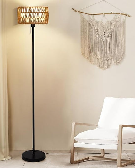Rattan Floor Lamp for Living Room, Boho Standing Lamp with 3 Color Temperatures, Farmhouse Floor Lamp Wicker Lamp Double Shades, Bohemian Floor Lamps for Bedroom, Office(Black) - LeafyLoom