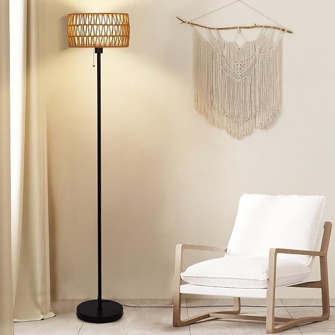 Rattan Floor Lamp for Living Room, Boho Standing Lamp with 3 Color Temperatures, Farmhouse Floor Lamp Wicker Lamp Double Shades, Bohemian Floor Lamps for Bedroom, Office(Black) - LeafyLoom