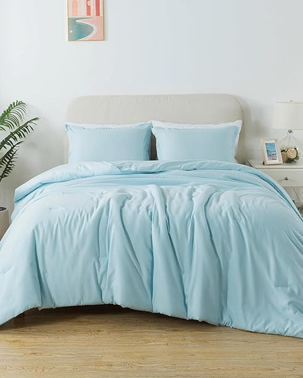 Full Size Baby Blue Comforter Set, Lightweight Down Alternative Soft Boho Bedding Comforter Set, Breathable Fluffy Microfiber Skin-Friendly Comforter for All Seasons - LeafyLoom