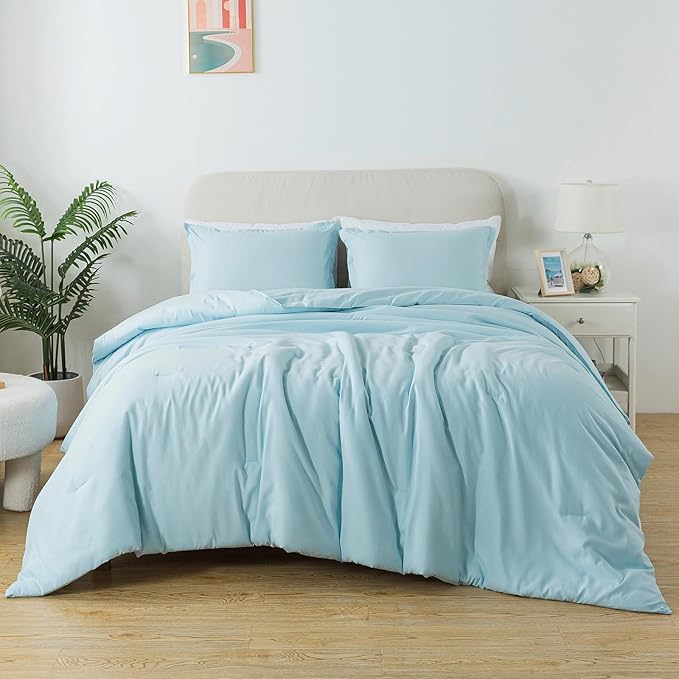 Queen Baby Blue Comforter Set, Solid Lightweight Skin-friendly Boho Bedding Set & Collections, Breathable Fluffy Microfiber 3 PCS (90"x90") Comforter Set for All Seasons with Pillowcases - LeafyLoom