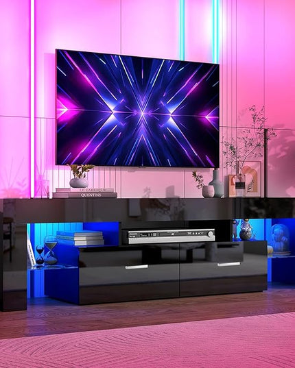 LED TV Stand for Televisions up to 65 inches, Entertainment Center and Media Console with Storage Drawers and Glass Shelves for Living Room, Bedroom - LeafyLoom