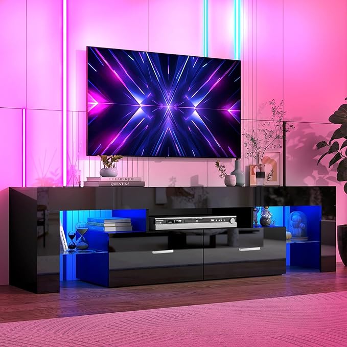 LED TV Stand for Televisions up to 65 inches, Entertainment Center and Media Console with Storage Drawers and Glass Shelves for Living Room, Bedroom - LeafyLoom