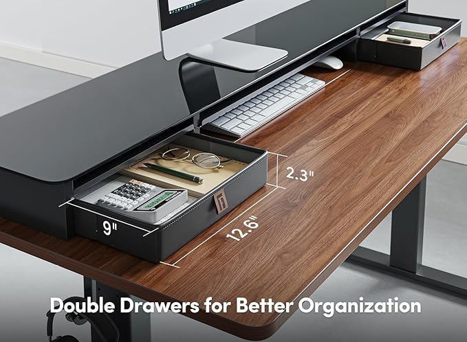 FEZIBO 48 x 24 Inch Height Adjustable Glass Electric Standing Desk with Double Drawer, Stand Up Desk with Storage Shelf, Sit Stand Desk, Black Walnut - LeafyLoom