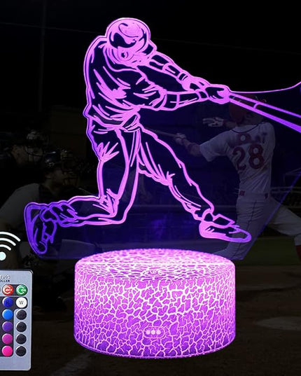 Baseball Player Night Light,3D Illusion Lamp Baseball Player Lights for Kids Room,16 Colors & Flashing Modes with Remote Control Opreated Dimmable Christmas Birthday Gifts for Boys Girls Kids Children - LeafyLoom