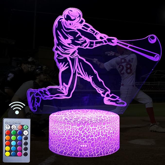 Baseball Player Night Light,3D Illusion Lamp Baseball Player Lights for Kids Room,16 Colors & Flashing Modes with Remote Control Opreated Dimmable Christmas Birthday Gifts for Boys Girls Kids Children - LeafyLoom