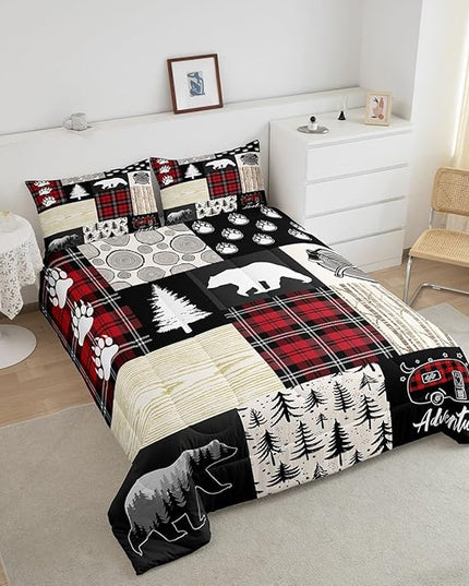 Manfei Bear Comforter Set Twin Size,Pine Trees Animals Hunting Bedding Set for Kids Boys Girls Adults Room Decor,Camping Adventure Rustic Farmhouse Down Comforter,Red Plaids Duvet Insert,1 Pillowcase - LeafyLoom