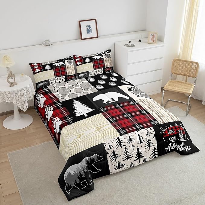 Manfei Bear Comforter Set Twin Size,Pine Trees Animals Hunting Bedding Set for Kids Boys Girls Adults Room Decor,Camping Adventure Rustic Farmhouse Down Comforter,Red Plaids Duvet Insert,1 Pillowcase - LeafyLoom