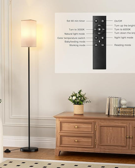 Ambimall Remote Control Floor Lamp, Stepless Dimmable, 64 Inches Tall, Include 9W Bulb, Standing Lamp for Living Room Bedroom Office (White & Black) - LeafyLoom
