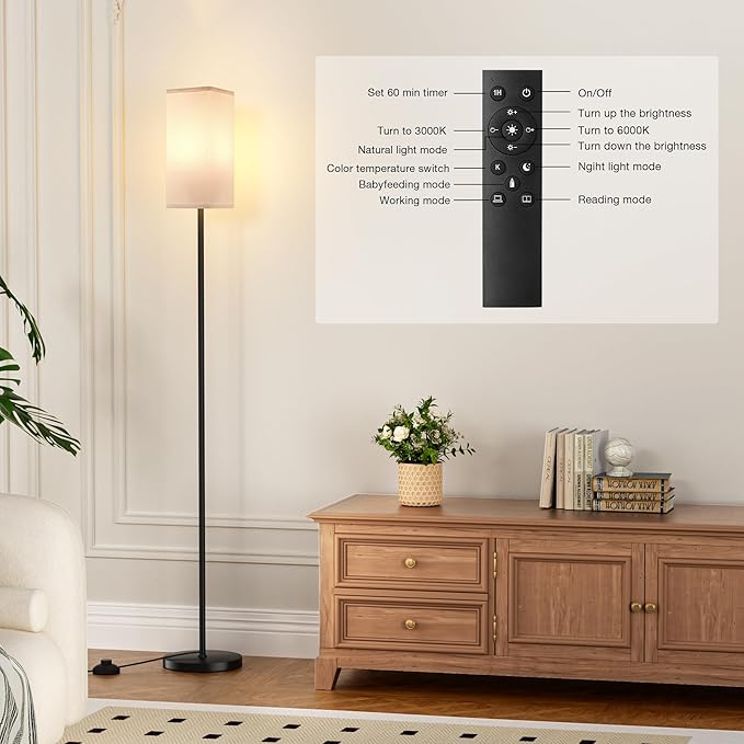 Ambimall Remote Control Floor Lamp, Stepless Dimmable, 64 Inches Tall, Include 9W Bulb, Standing Lamp for Living Room Bedroom Office (White & Black) - LeafyLoom