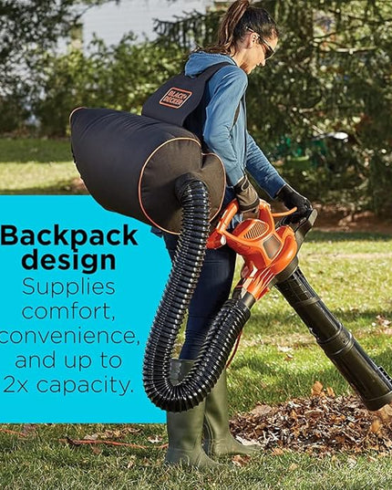BLACK+DECKER Electric Leaf Blower, Leaf Vacuum and Mulcher 3 in 1, 250 mph Airflow, 400 cfm Delivery Power, Reusable Bag Included, Corded (BEBL7000) - LeafyLoom