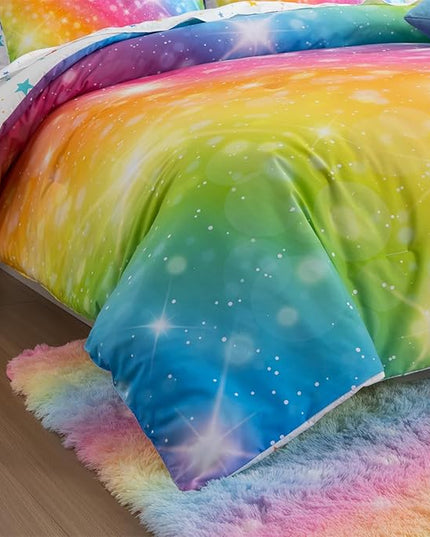 A Nice Night 6Pcs Gradient Glitter Bedding Set for Girls, Colorful Rainbow Galaxy Comforter Set, Ultra Soft Bedding Sets (Multi,Queen 6Pcs) - LeafyLoom