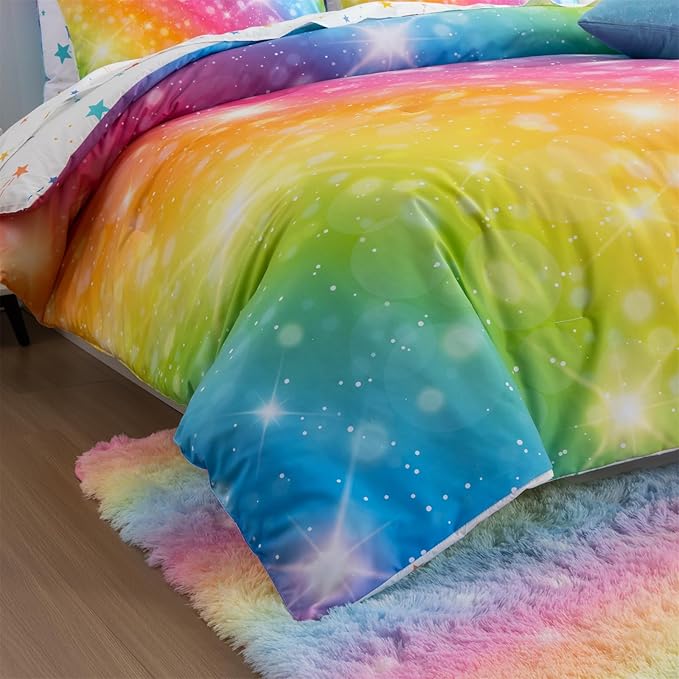 A Nice Night 6Pcs Gradient Glitter Bedding Set for Girls, Colorful Rainbow Galaxy Comforter Set, Ultra Soft Bedding Sets (Multi,Twin 6Pcs) - LeafyLoom