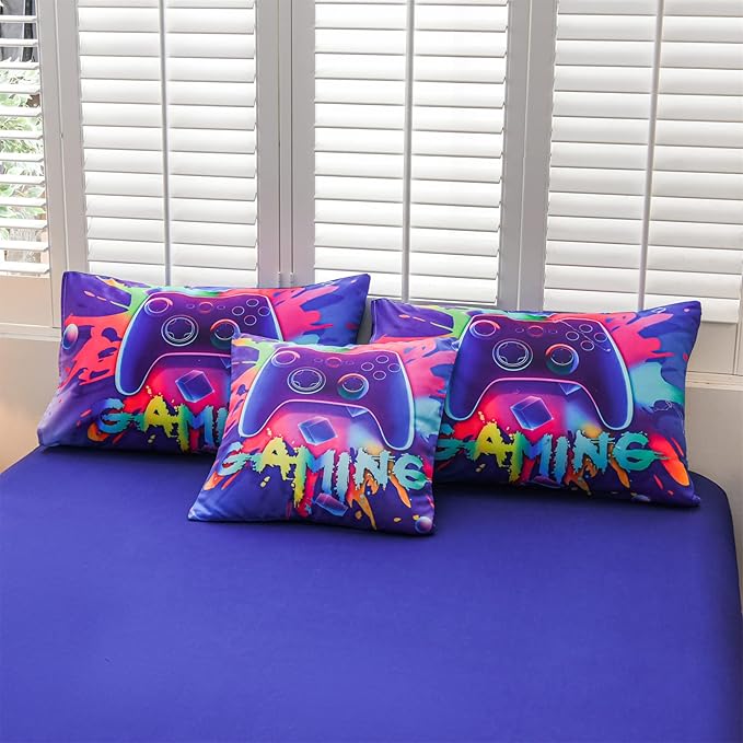 Aimuan Gamer Gaming Bedding Sets 3D Gamepad Comforter Sets for Boys Games Console Action Buttons Novelty Colorful Game Controller Modern Room Decor Home Quilt Set (Purple, Full 6PCS) - LeafyLoom