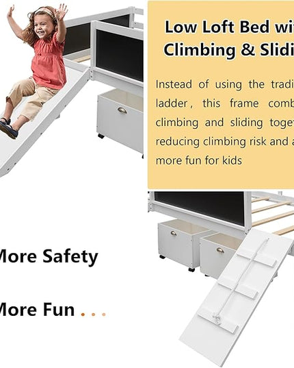 Bellemave Twin Size Wooden Low Loft Bed Frame with Two Storage Boxes,Kids Loft Bed with Slide and Climbing Frame for Boys & Girls,White - LeafyLoom