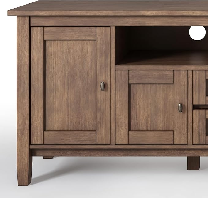 SIMPLIHOME Warm Shaker SOLID WOOD 72 Inch Wide Transitional TV Media Stand in Rustic Natural Aged Brown for TVs up to 80 Inches, For the Living Room and Entertainment Center - LeafyLoom