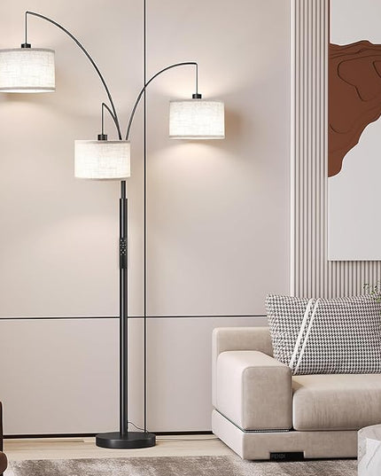 SUNMORY 3 Lights Floor Lamp with Remote Control and 3 Stepless Dimmable Bulbs, 78" Tall Standing Lamp with Hanging Drum Shade & Heavy Base, Modern Arc Floor Lamps for Living Room, Bedroom, Office - LeafyLoom