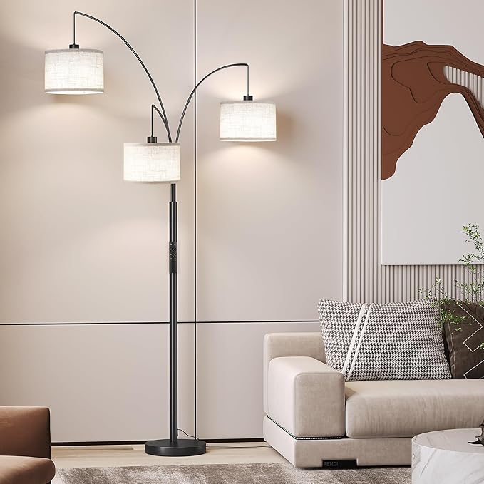 SUNMORY 3 Lights Floor Lamp with Remote Control and 3 Stepless Dimmable Bulbs, 78" Tall Standing Lamp with Hanging Drum Shade & Heavy Base, Modern Arc Floor Lamps for Living Room, Bedroom, Office - LeafyLoom