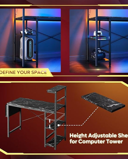 Bestier Gaming Desk with LED Lights, Computer Desk with 4 Tiers Reversible Shelves, 51.3 Inch Gamer Desk with Side Storage Bag, Hooks and Height Adjustable Shelf (Black Marble) - LeafyLoom