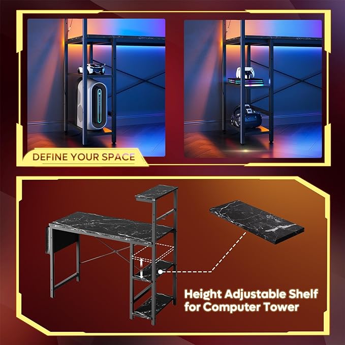 Bestier Gaming Desk with LED Lights, Computer Desk with 4 Tiers Reversible Shelves, 51.3 Inch Gamer Desk with Side Storage Bag, Hooks and Height Adjustable Shelf (Black Marble) - LeafyLoom