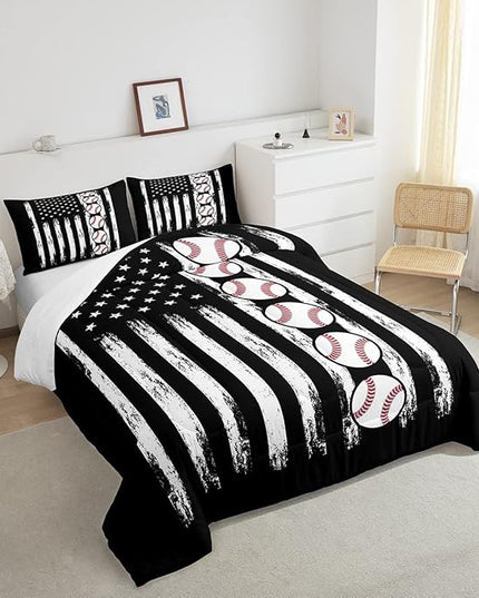 Feelyou Baseball Comforter American Flag Comforter Set Kids Boys Baseball Sports Games Bedding Set Children Girls Teens Black and White Ball Microfiber Quilt Set Room Decor for All Season Queen Size - LeafyLoom