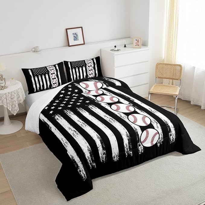 Feelyou Baseball Comforter American Flag Comforter Set Kids Boys Baseball Sports Games Bedding Set Children Girls Teens Black and White Ball Microfiber Quilt Set Room Decor for All Season Queen Size - LeafyLoom