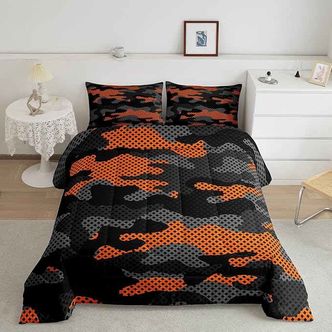 Erosebridal Army Camouflage Comforter Set Queen Size Teens Adult Camo Bedding Set for Kids Boys Girls Colorful Pattern Decor Down Comforter Orange Black Grey Duvet Set Geometric Pattern Quilt Set - LeafyLoom