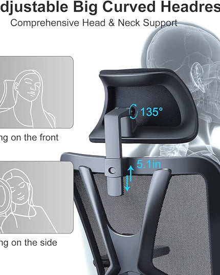 Ticova Ergonomic Office Chair - High Back Desk Chair with Adjustable Lumbar Support, Headrest & 3D Metal Armrest - 130° Rocking Mesh Computer Chair - LeafyLoom