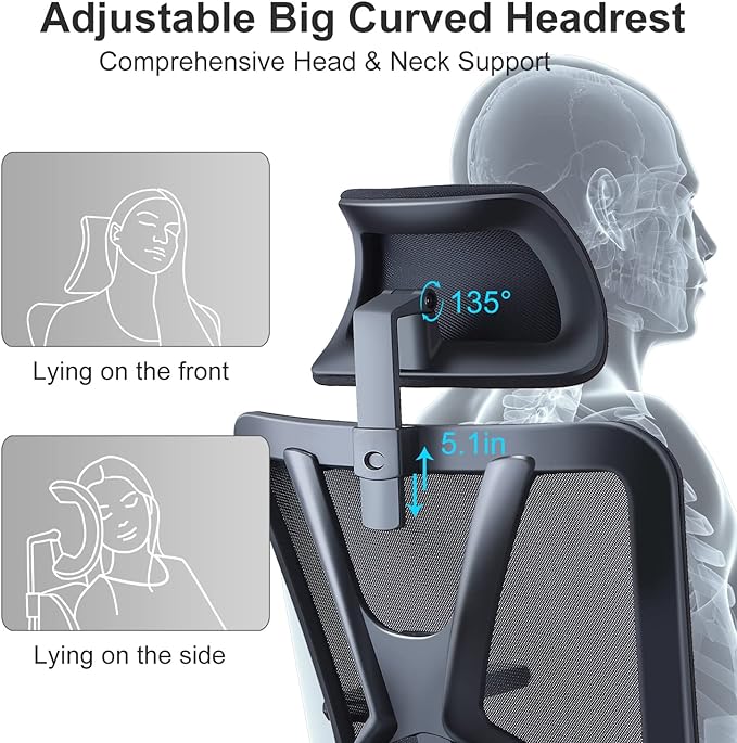 Ticova Ergonomic Office Chair - High Back Desk Chair with Adjustable Lumbar Support, Headrest & 3D Metal Armrest - 130° Rocking Mesh Computer Chair - LeafyLoom