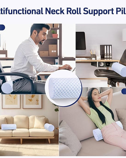 Neck Roll Pillow for Sleeping - Round Cervical Neck Pillow with Cooling Pillowcase - Memory Foam Cylinder Bolster Pillow for Legs, Necks, Back, Lumbar, and Foot, 16x6.3 Inch (Cool Blue) - LeafyLoom