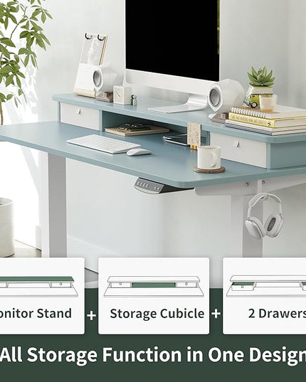 FEZIBO 55 x 24 Inch Height Adjustable Electric Standing Desk with Double Drawer, Stand Up Desk with Storage Shelf, Sit Stand Desk, Blue - LeafyLoom