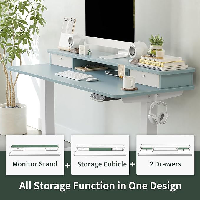 FEZIBO 55 x 24 Inch Height Adjustable Electric Standing Desk with Double Drawer, Stand Up Desk with Storage Shelf, Sit Stand Desk, Blue - LeafyLoom