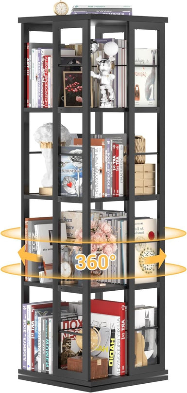 Aheaplus Rotating Bookshelf, Corner Bookshelf, 360 Display Wood Spinning Bookshelf, Floor Standing Bookcase Narrow Shelf Revolving Organizer Storage Rack for Small Space, Bedroom, Study Room, Black - LeafyLoom