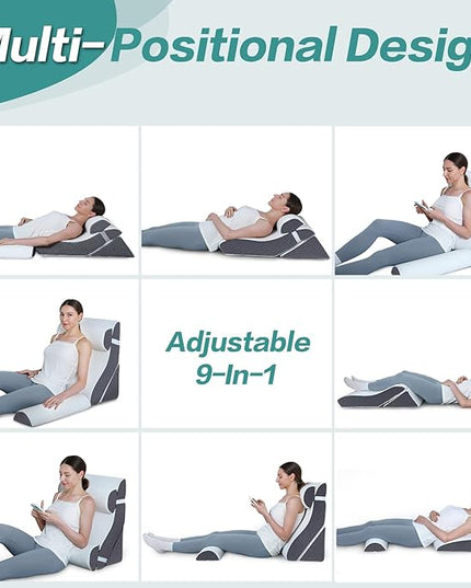 Adjustable 4pcs Bed Wedge Pillow Set, Post Surgery 100% Memory Foam for Back, Neck, Leg Pain Relief, Sitting Pillow for Acid Reflux and GERD, Comfortable Pillows for Sleeping Gray - LeafyLoom