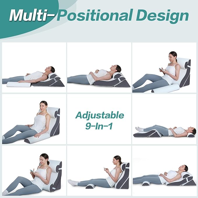Adjustable 4pcs Bed Wedge Pillow Set, Post Surgery 100% Memory Foam for Back, Neck, Leg Pain Relief, Sitting Pillow for Acid Reflux and GERD, Comfortable Pillows for Sleeping Gray - LeafyLoom