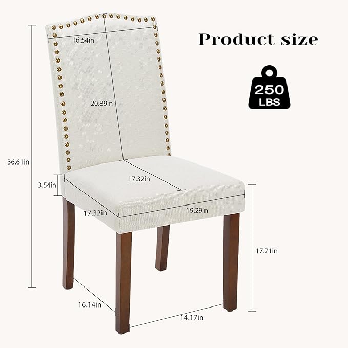 DUMOS Dining Chairs Set of 6, Fabric Dining Room Chairs, Upholstered Parsons Chairs with Nailhead Trim and Wood Legs, Kitchen Side Chair for Dining Living Room,Bedroom - Beige - LeafyLoom