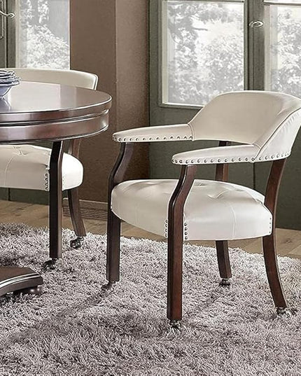 Large Dining Chairs with Casters and Arms, Rolling Dining Chairs with Wheels, Accent Solid Wood Boss Caption's Chairs, 26" D x 25.2" W x 31.5" H, Espresso Legs & Ivory PU SY-318-WT - LeafyLoom