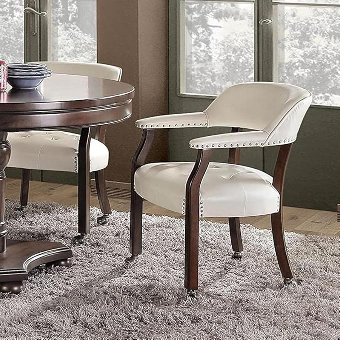 Large Dining Chairs with Casters and Arms, Rolling Dining Chairs with Wheels, Accent Solid Wood Boss Caption's Chairs, 26" D x 25.2" W x 31.5" H, Espresso Legs & Ivory PU SY-318-WT - LeafyLoom