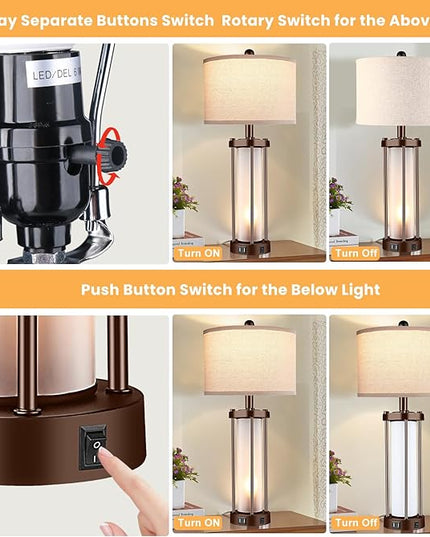 Set of 2 Farmhouse Lamps for Living Room, Rustic Vintage Bedroom Nightstand Table Lamp with 2 USB Charging Ports, Built-in Frosted Glass Night Light for End Table Entryway, Bulbs Included (Bronze) - LeafyLoom