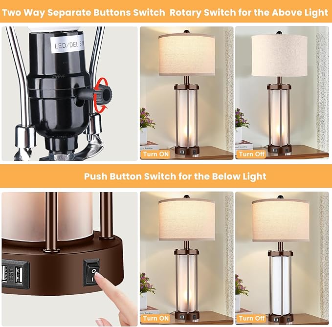 Set of 2 Farmhouse Lamps for Living Room, Rustic Vintage Bedroom Nightstand Table Lamp with 2 USB Charging Ports, Built-in Frosted Glass Night Light for End Table Entryway, Bulbs Included (Bronze) - LeafyLoom