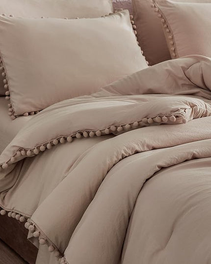 Litanika King Size Comforter Set Taupe,3 Pieces Taupe Boho Pom Pom Lightweight Bed Comforter, All Season Soft Solid Color Bedding Comforter Sets (1 Comforter 104x90 Inch, 2 Pillowcases) - LeafyLoom