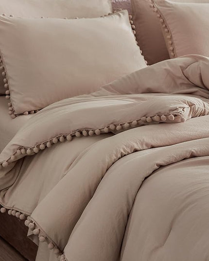 Litanika Queen Size Comforter Set Taupe,3 Pieces Taupe Boho Pom Pom Lightweight Bed Comforter, All Season Soft Solid Color Bedding Comforter Sets (1 Comforter 90x90 Inch, 2 Pillowcases) - LeafyLoom