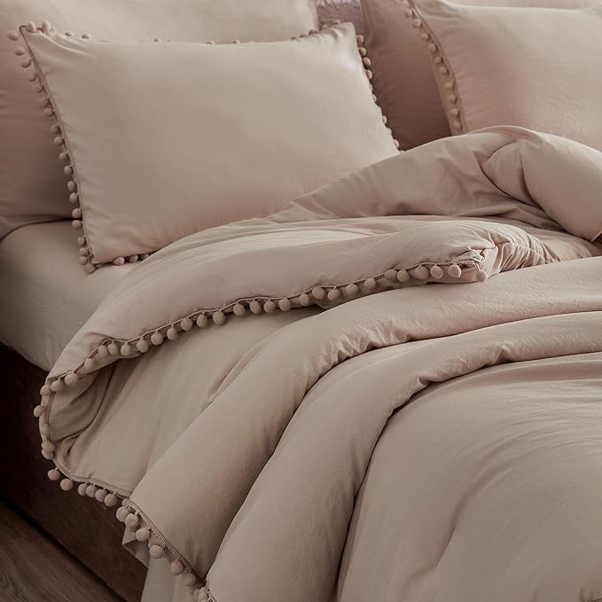 Litanika Queen Size Comforter Set Taupe,3 Pieces Taupe Boho Pom Pom Lightweight Bed Comforter, All Season Soft Solid Color Bedding Comforter Sets (1 Comforter 90x90 Inch, 2 Pillowcases) - LeafyLoom